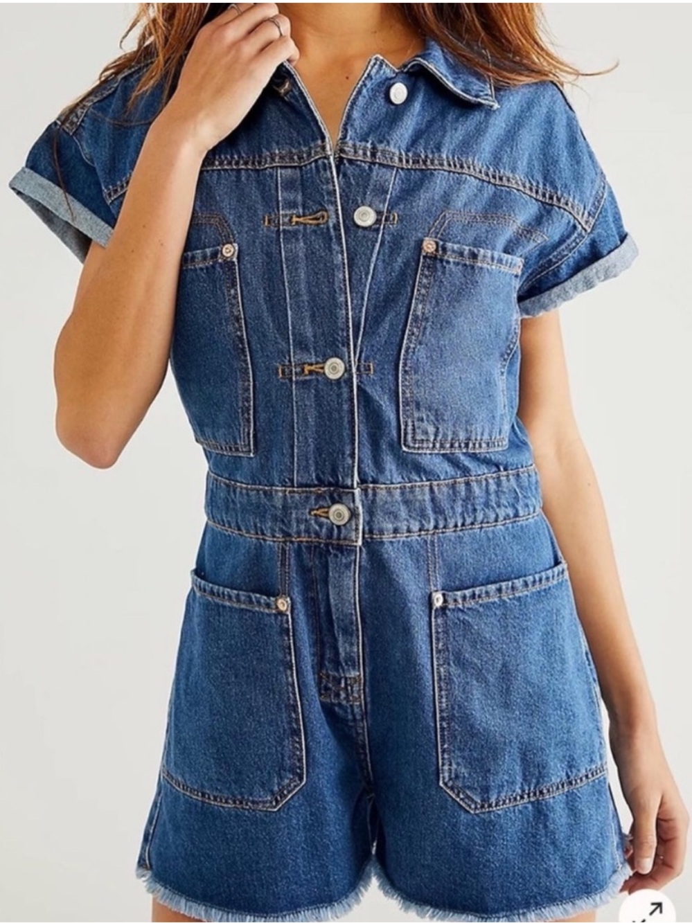 Free People We the Free Work Hard Play Harder Denim Romper Size Medium